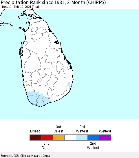 Sri Lanka Precipitation Rank since 1981, 2-Month (CHIRPS) Thematic Map For 12/11/2023 - 2/10/2024