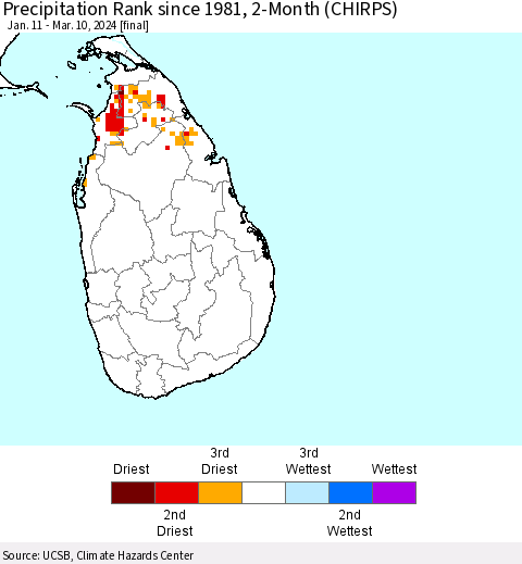 Sri Lanka Precipitation Rank since 1981, 2-Month (CHIRPS) Thematic Map For 1/11/2024 - 3/10/2024