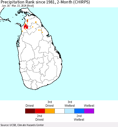 Sri Lanka Precipitation Rank since 1981, 2-Month (CHIRPS) Thematic Map For 1/16/2024 - 3/15/2024