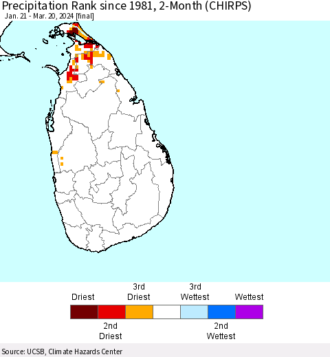 Sri Lanka Precipitation Rank since 1981, 2-Month (CHIRPS) Thematic Map For 1/21/2024 - 3/20/2024