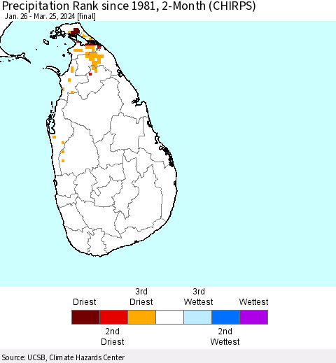 Sri Lanka Precipitation Rank since 1981, 2-Month (CHIRPS) Thematic Map For 1/26/2024 - 3/25/2024