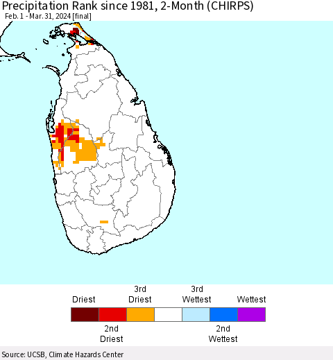 Sri Lanka Precipitation Rank since 1981, 2-Month (CHIRPS) Thematic Map For 2/1/2024 - 3/31/2024