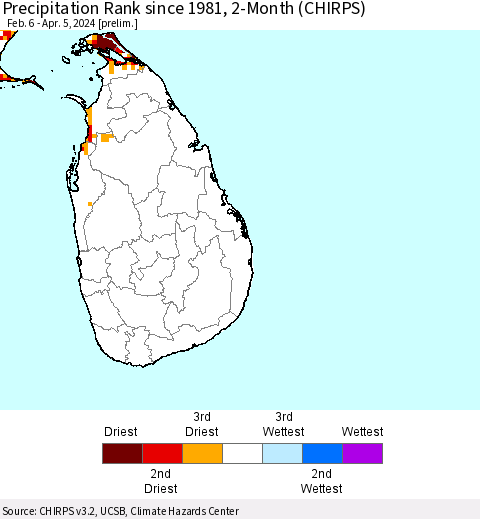 Sri Lanka Precipitation Rank since 1981, 2-Month (CHIRPS) Thematic Map For 2/6/2024 - 4/5/2024