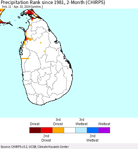 Sri Lanka Precipitation Rank since 1981, 2-Month (CHIRPS) Thematic Map For 2/11/2024 - 4/10/2024
