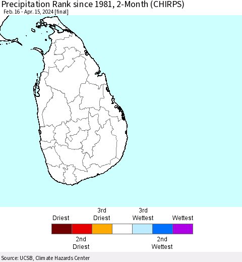 Sri Lanka Precipitation Rank since 1981, 2-Month (CHIRPS) Thematic Map For 2/16/2024 - 4/15/2024
