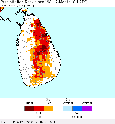 Sri Lanka Precipitation Rank since 1981, 2-Month (CHIRPS) Thematic Map For 3/6/2024 - 5/5/2024