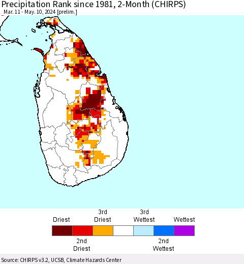 Sri Lanka Precipitation Rank since 1981, 2-Month (CHIRPS) Thematic Map For 3/11/2024 - 5/10/2024