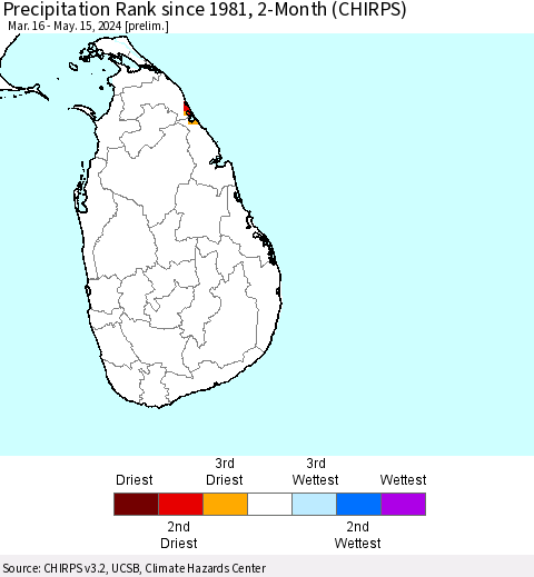 Sri Lanka Precipitation Rank since 1981, 2-Month (CHIRPS) Thematic Map For 3/16/2024 - 5/15/2024