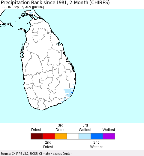 Sri Lanka Precipitation Rank since 1981, 2-Month (CHIRPS) Thematic Map For 7/16/2024 - 9/15/2024