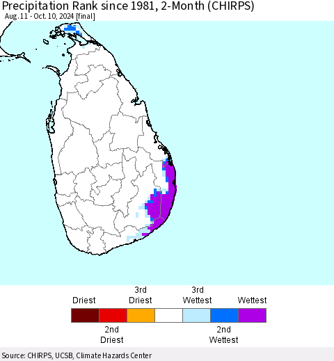 Sri Lanka Precipitation Rank since 1981, 2-Month (CHIRPS) Thematic Map For 8/11/2024 - 10/10/2024