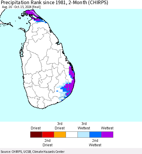 Sri Lanka Precipitation Rank since 1981, 2-Month (CHIRPS) Thematic Map For 8/16/2024 - 10/15/2024