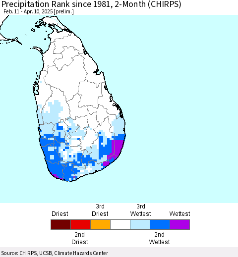Sri Lanka Precipitation Rank since 1981, 2-Month (CHIRPS) Thematic Map For 2/11/2025 - 4/10/2025