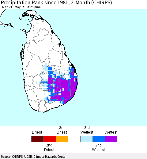 Sri Lanka Precipitation Rank since 1981, 2-Month (CHIRPS) Thematic Map For 3/21/2025 - 5/20/2025