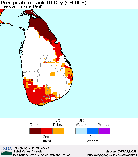 Sri Lanka Precipitation Rank since 1981, 10-Day (CHIRPS) Thematic Map For 3/21/2019 - 3/31/2019