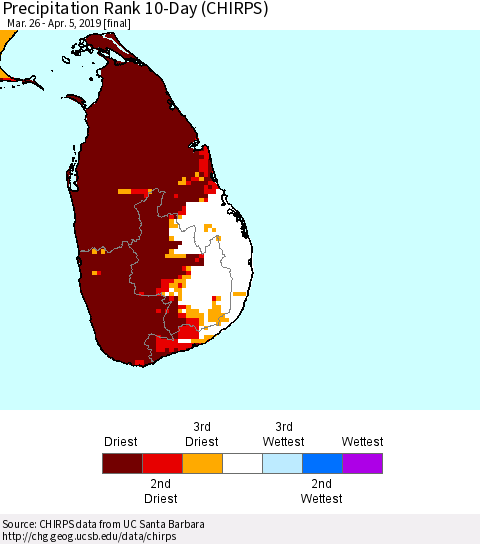 Sri Lanka Precipitation Rank since 1981, 10-Day (CHIRPS) Thematic Map For 3/26/2019 - 4/5/2019