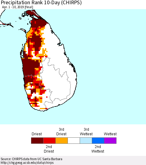 Sri Lanka Precipitation Rank since 1981, 10-Day (CHIRPS) Thematic Map For 4/1/2019 - 4/10/2019