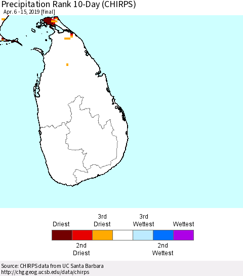 Sri Lanka Precipitation Rank since 1981, 10-Day (CHIRPS) Thematic Map For 4/6/2019 - 4/15/2019