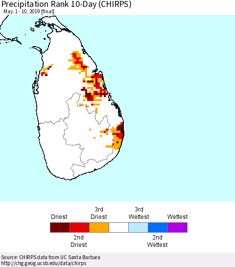 Sri Lanka Precipitation Rank since 1981, 10-Day (CHIRPS) Thematic Map For 5/1/2019 - 5/10/2019