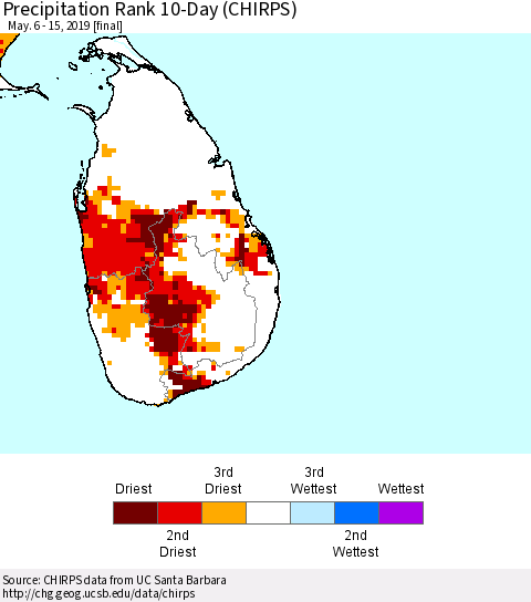 Sri Lanka Precipitation Rank since 1981, 10-Day (CHIRPS) Thematic Map For 5/6/2019 - 5/15/2019