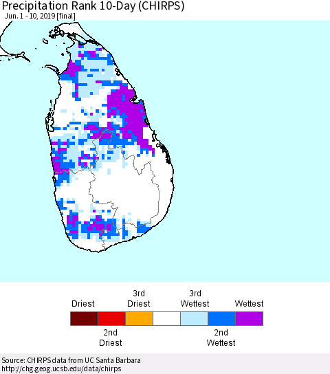 Sri Lanka Precipitation Rank 10-Day (CHIRPS) Thematic Map For 6/1/2019 - 6/10/2019