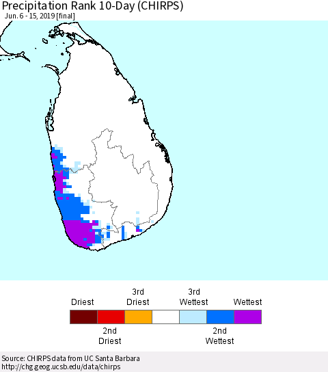 Sri Lanka Precipitation Rank 10-Day (CHIRPS) Thematic Map For 6/6/2019 - 6/15/2019