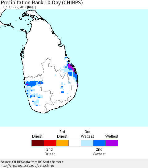 Sri Lanka Precipitation Rank 10-Day (CHIRPS) Thematic Map For 6/16/2019 - 6/25/2019