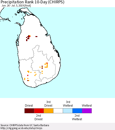 Sri Lanka Precipitation Rank 10-Day (CHIRPS) Thematic Map For 6/26/2019 - 7/5/2019
