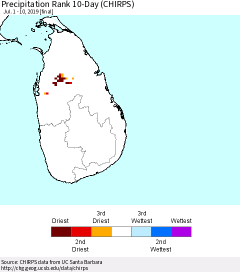 Sri Lanka Precipitation Rank 10-Day (CHIRPS) Thematic Map For 7/1/2019 - 7/10/2019