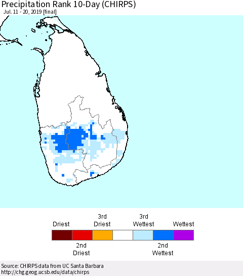 Sri Lanka Precipitation Rank 10-Day (CHIRPS) Thematic Map For 7/11/2019 - 7/20/2019