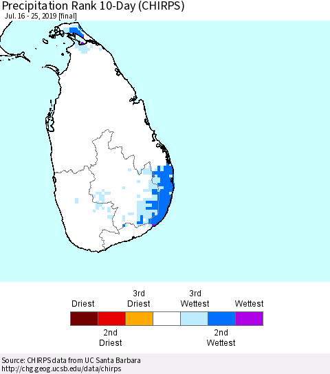 Sri Lanka Precipitation Rank 10-Day (CHIRPS) Thematic Map For 7/16/2019 - 7/25/2019