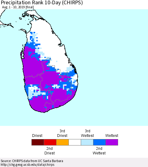 Sri Lanka Precipitation Rank 10-Day (CHIRPS) Thematic Map For 8/1/2019 - 8/10/2019