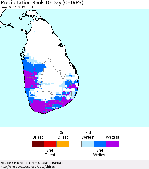 Sri Lanka Precipitation Rank 10-Day (CHIRPS) Thematic Map For 8/6/2019 - 8/15/2019