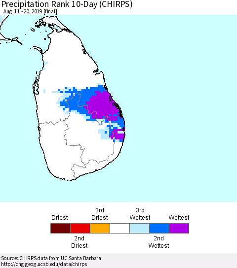 Sri Lanka Precipitation Rank 10-Day (CHIRPS) Thematic Map For 8/11/2019 - 8/20/2019