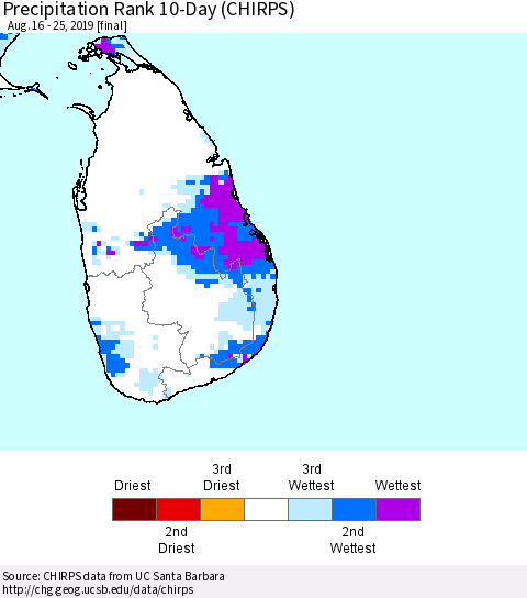 Sri Lanka Precipitation Rank 10-Day (CHIRPS) Thematic Map For 8/16/2019 - 8/25/2019