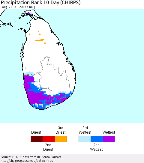 Sri Lanka Precipitation Rank since 1981, 10-Day (CHIRPS) Thematic Map For 8/21/2019 - 8/31/2019