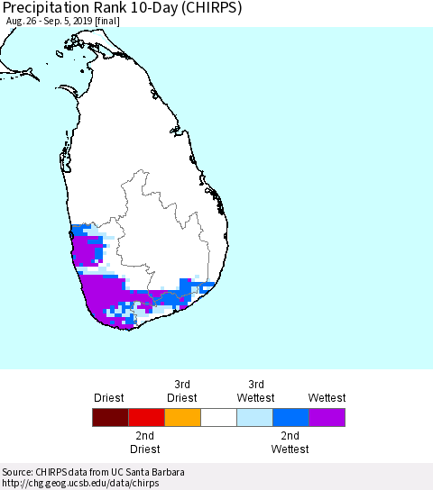 Sri Lanka Precipitation Rank since 1981, 10-Day (CHIRPS) Thematic Map For 8/26/2019 - 9/5/2019
