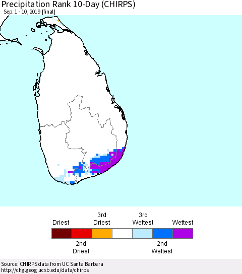 Sri Lanka Precipitation Rank since 1981, 10-Day (CHIRPS) Thematic Map For 9/1/2019 - 9/10/2019