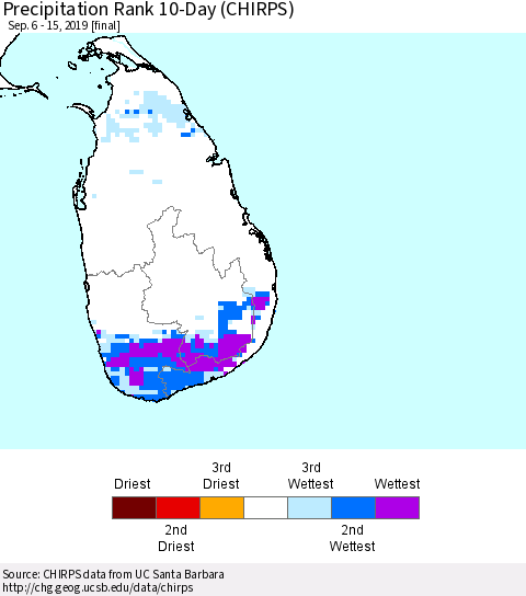 Sri Lanka Precipitation Rank 10-Day (CHIRPS) Thematic Map For 9/6/2019 - 9/15/2019