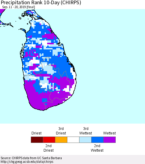 Sri Lanka Precipitation Rank since 1981, 10-Day (CHIRPS) Thematic Map For 9/11/2019 - 9/20/2019
