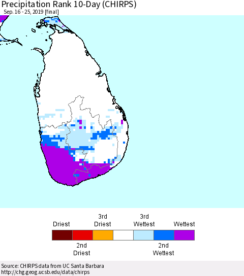Sri Lanka Precipitation Rank since 1981, 10-Day (CHIRPS) Thematic Map For 9/16/2019 - 9/25/2019