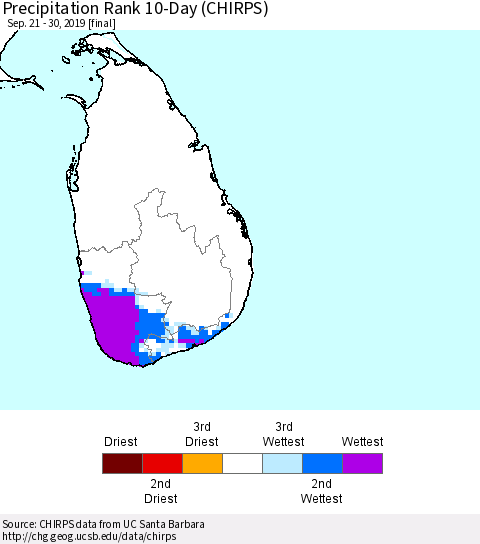 Sri Lanka Precipitation Rank 10-Day (CHIRPS) Thematic Map For 9/21/2019 - 9/30/2019