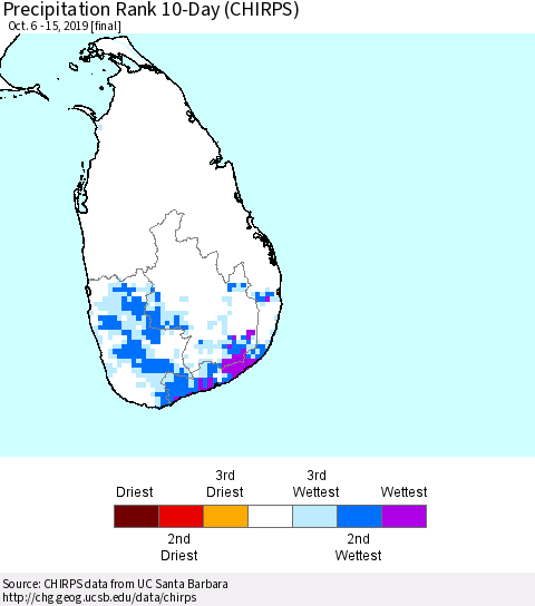 Sri Lanka Precipitation Rank since 1981, 10-Day (CHIRPS) Thematic Map For 10/6/2019 - 10/15/2019
