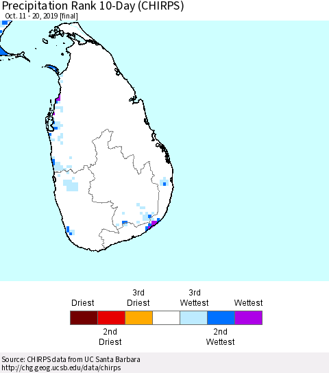 Sri Lanka Precipitation Rank since 1981, 10-Day (CHIRPS) Thematic Map For 10/11/2019 - 10/20/2019