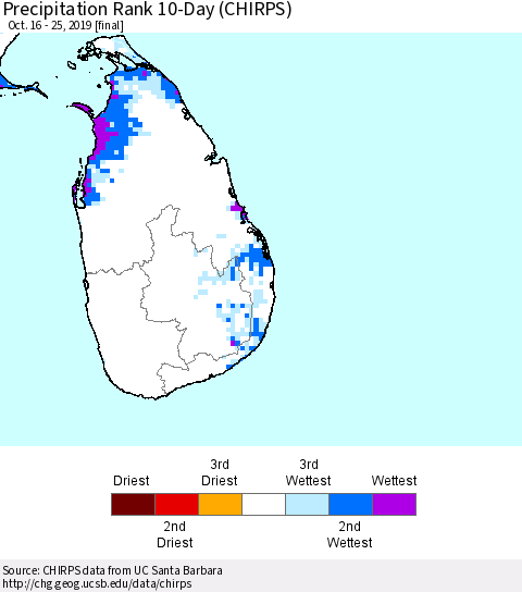 Sri Lanka Precipitation Rank since 1981, 10-Day (CHIRPS) Thematic Map For 10/16/2019 - 10/25/2019