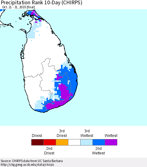 Sri Lanka Precipitation Rank since 1981, 10-Day (CHIRPS) Thematic Map For 10/21/2019 - 10/31/2019