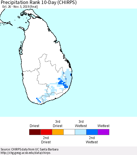Sri Lanka Precipitation Rank since 1981, 10-Day (CHIRPS) Thematic Map For 10/26/2019 - 11/5/2019