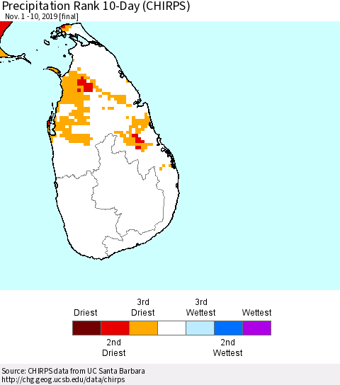 Sri Lanka Precipitation Rank 10-Day (CHIRPS) Thematic Map For 11/1/2019 - 11/10/2019