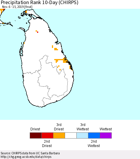 Sri Lanka Precipitation Rank since 1981, 10-Day (CHIRPS) Thematic Map For 11/6/2019 - 11/15/2019