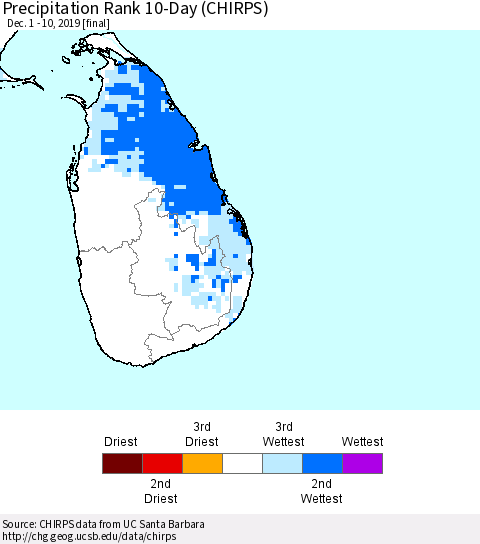 Sri Lanka Precipitation Rank 10-Day (CHIRPS) Thematic Map For 12/1/2019 - 12/10/2019