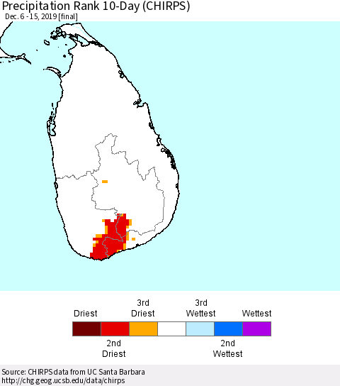 Sri Lanka Precipitation Rank since 1981, 10-Day (CHIRPS) Thematic Map For 12/6/2019 - 12/15/2019